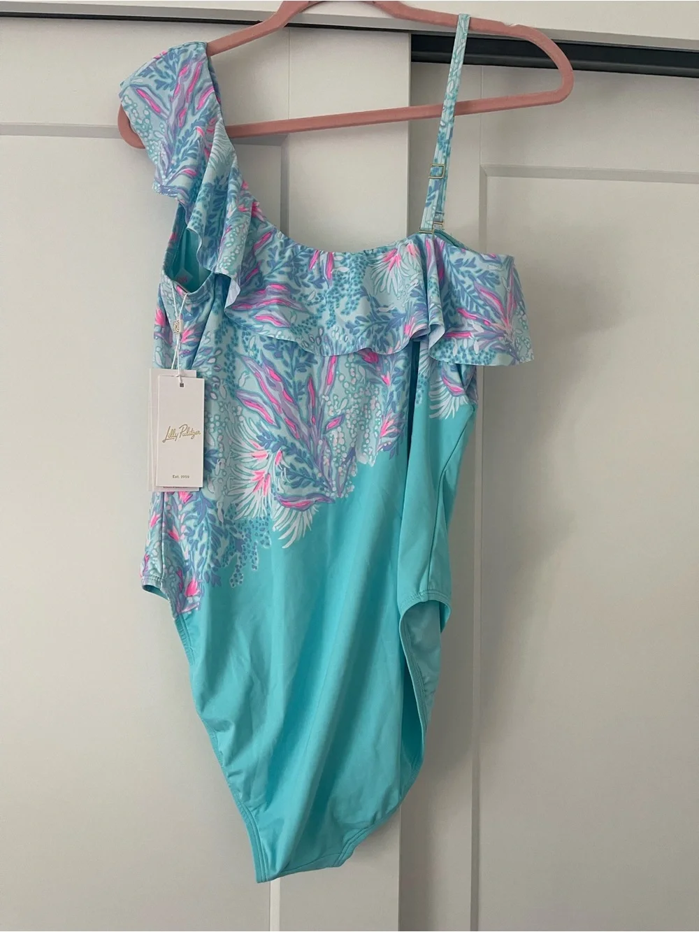 Lilly Pulitzer Turquoise One-Shoulder Ruffle Swimsuit with Pink Coral Print - Picture 1 of 4